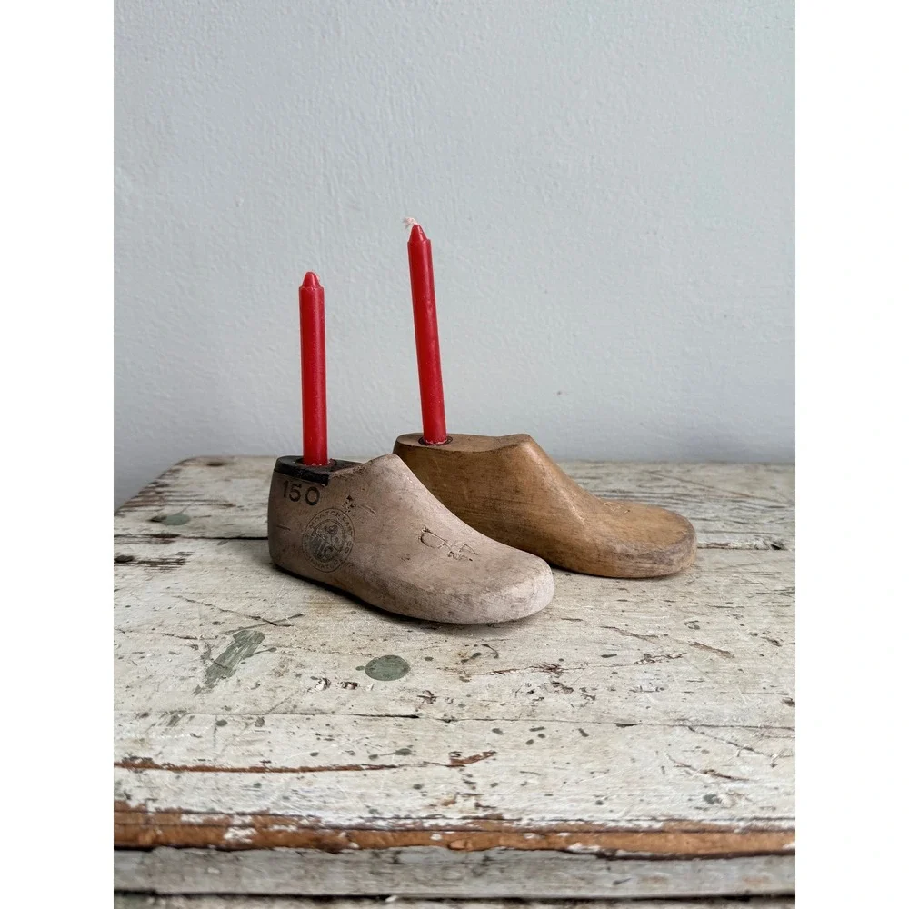 Vintage Wooden Child Shoe Candle Holders Last Taper Set of 2